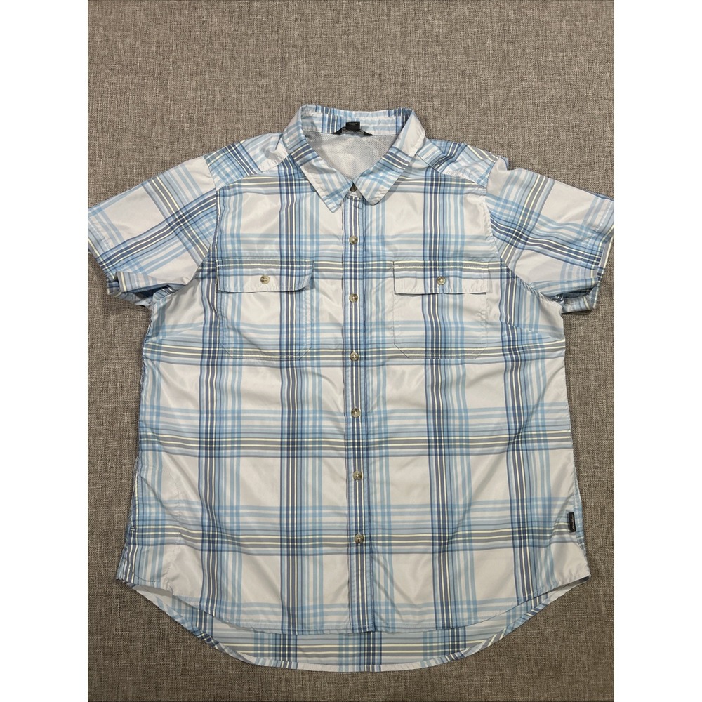Eddie Bauer Button Front Top Womens Size XL Plaid Short Sleeve Nylon Summer